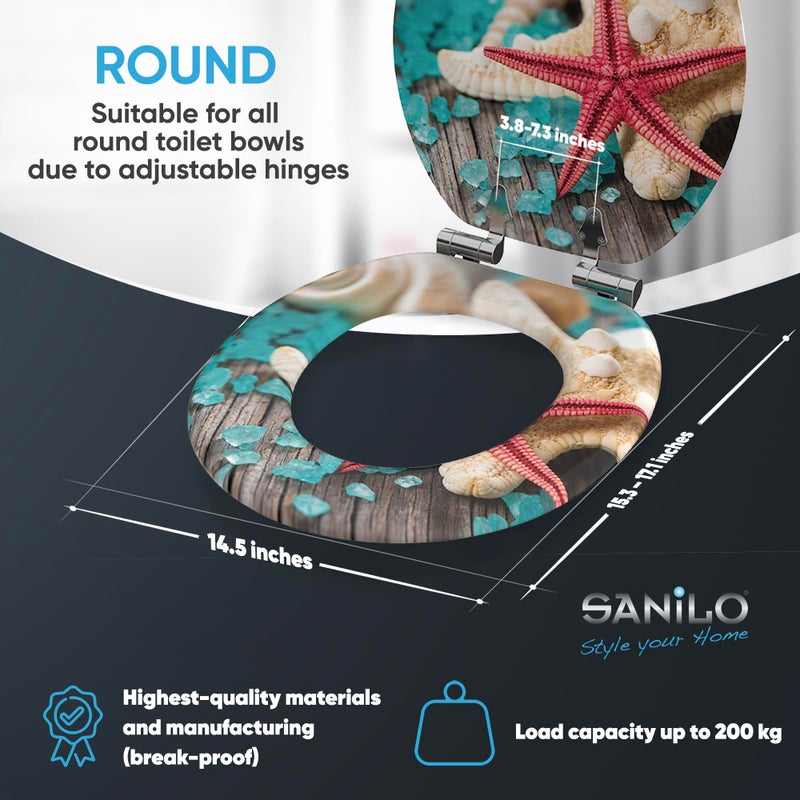 SANILO Wooden Toilet Seat with Soft Close [ROUND] - Decorative, Quiet & Slow Close Molded Wood Seat - With Strong Bumpers & Hinges - Adjustable Fit â€“ Bath Salt - Image 4